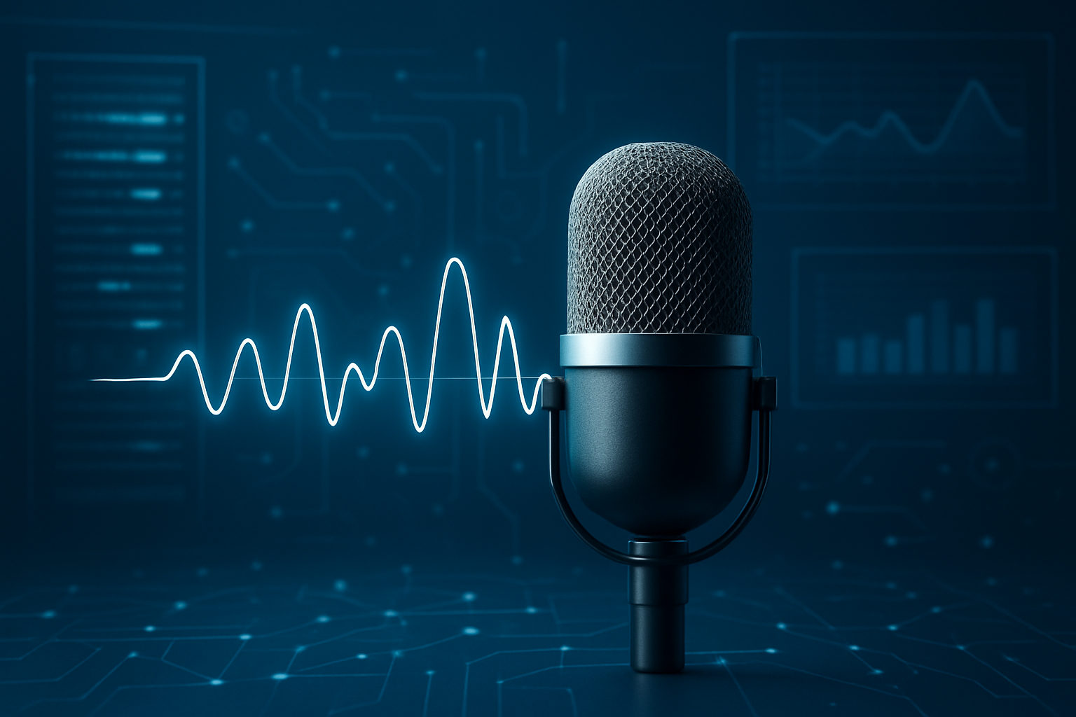 A professional microphone with sound wave graphics in a tech-themed background illustrating voice technology.