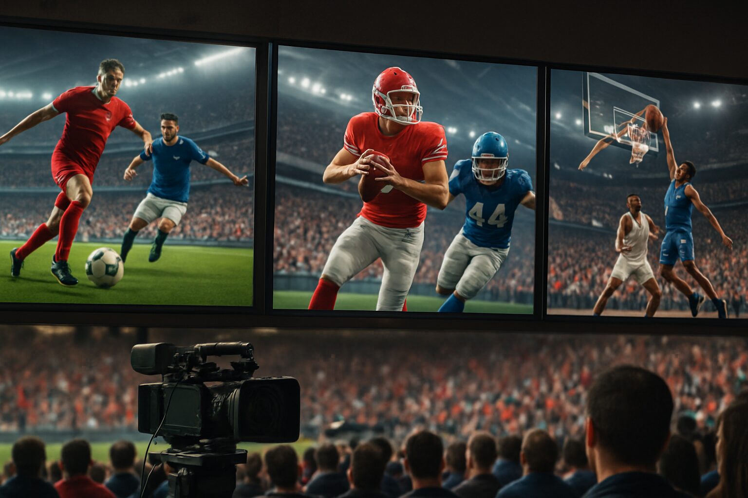A view of multiple sports screens showcasing various games with spectators in the background, emphasizing excitement in