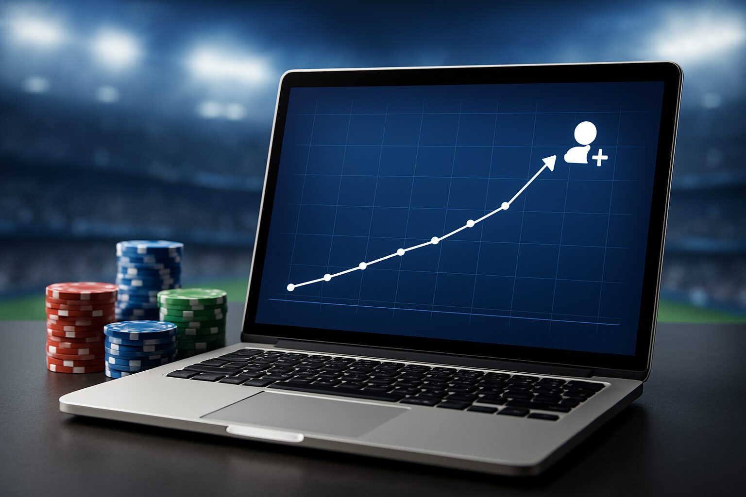 A laptop displaying a growth chart with poker chips in the background, suggesting online gaming and follower increase.